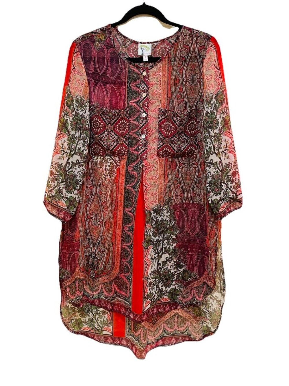 FIG & FLOWER ANTHROPOLOGIE Multicolor Sheer Boho 3/4 Length Tunic Shirt Sz L - Picture 1 of 8